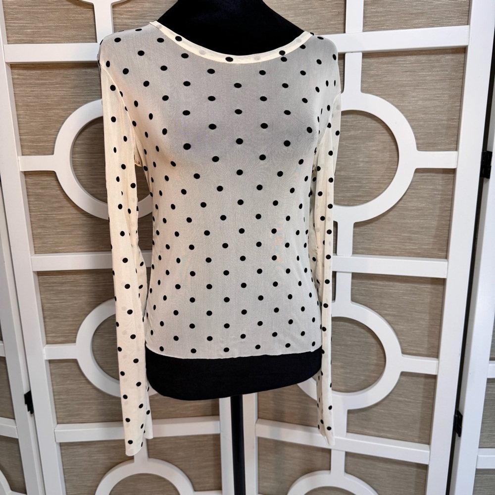 SHEIN “Ivory & Black” Polka Dot Sheer Long Sleeve Top, SZ- S